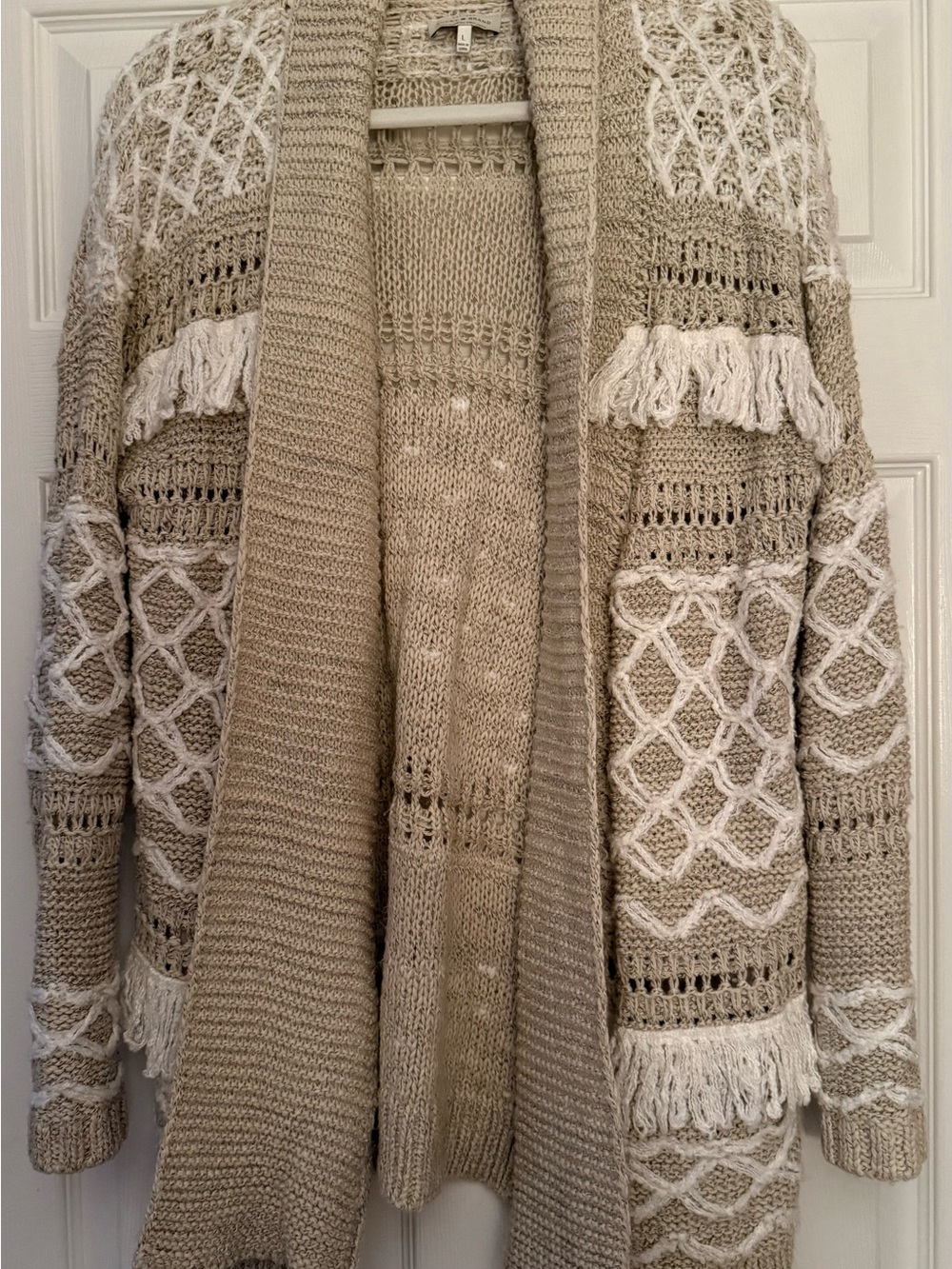 Lucky Brand Beige and Cream Fringe Open-Front Cardigan